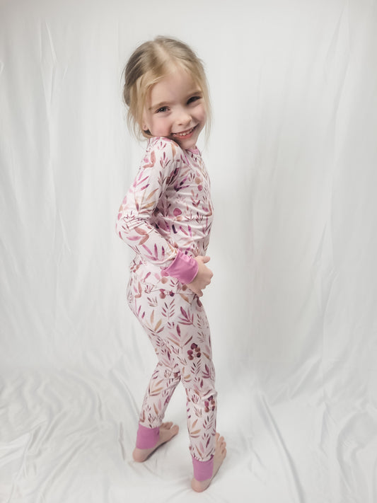 2-Piece Long Sleeve and Pants Pajama Set in purple foliage leaf print called Alpenglow Meadow