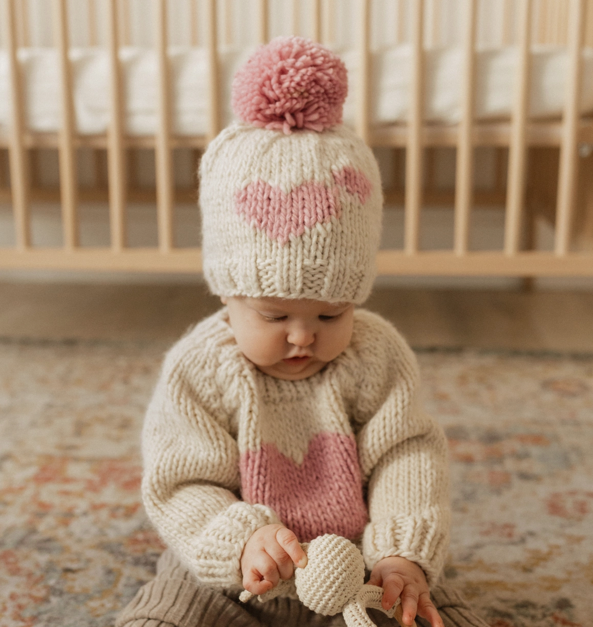 Natural/Light Pink | Sweetheart Knit Beanie Hat